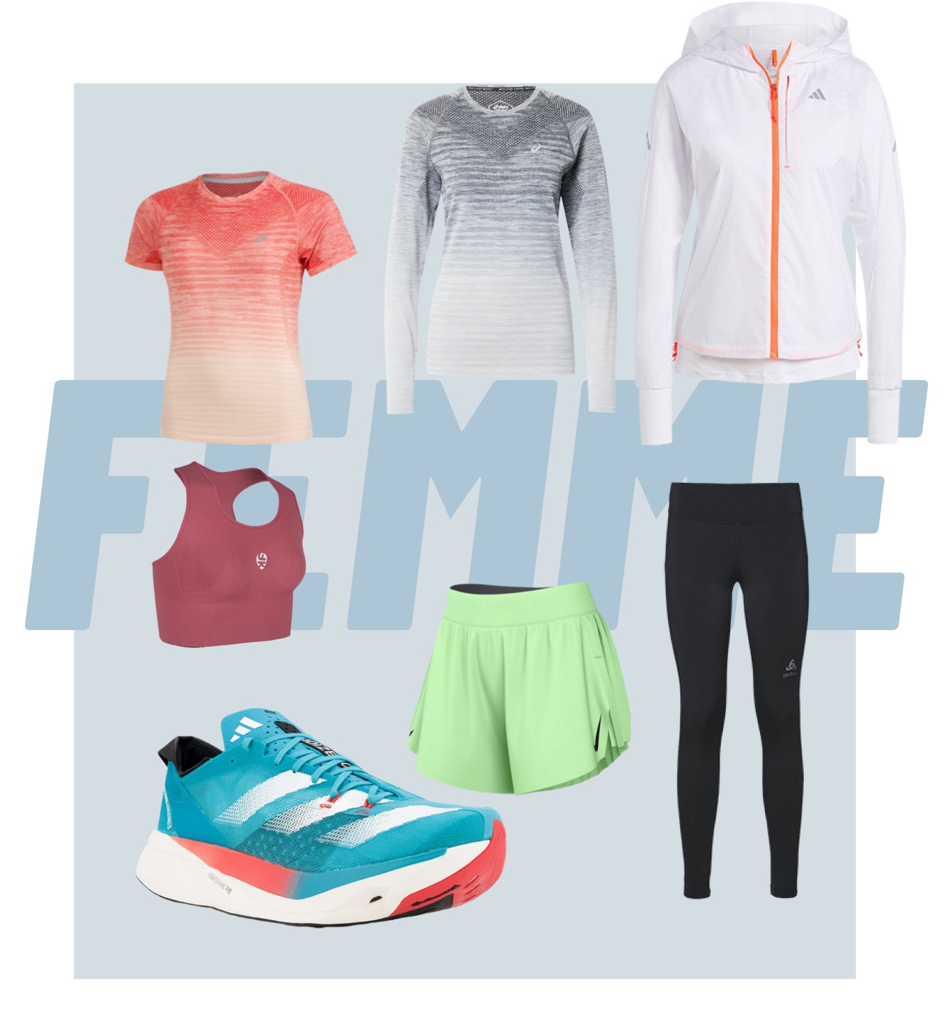 équipements sport running femme t-shirt brassiere manche longue veste shorts leggings collants chaussures