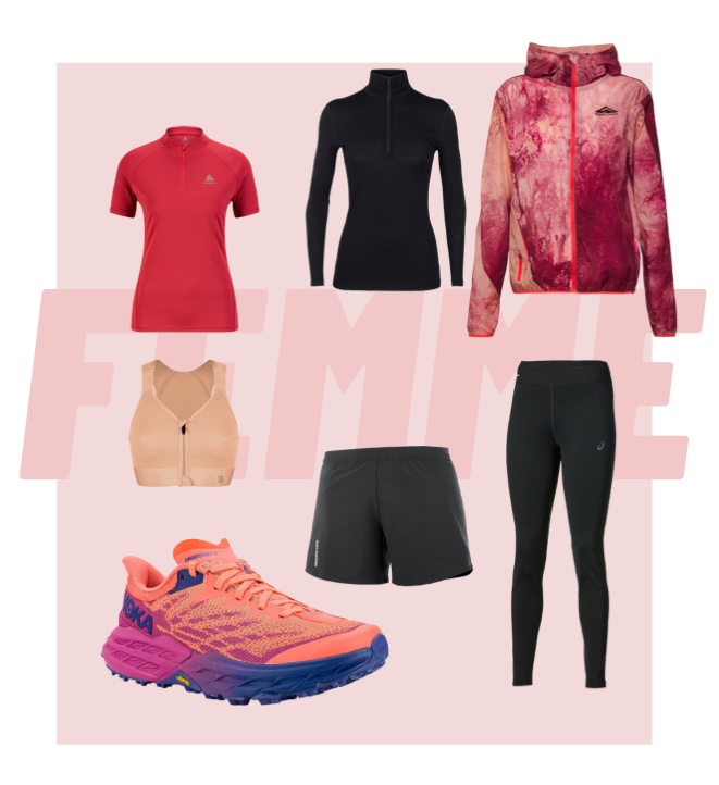 équipements sport trail femme t-shirt brassiere manche longue veste shorts leggings collants chaussures